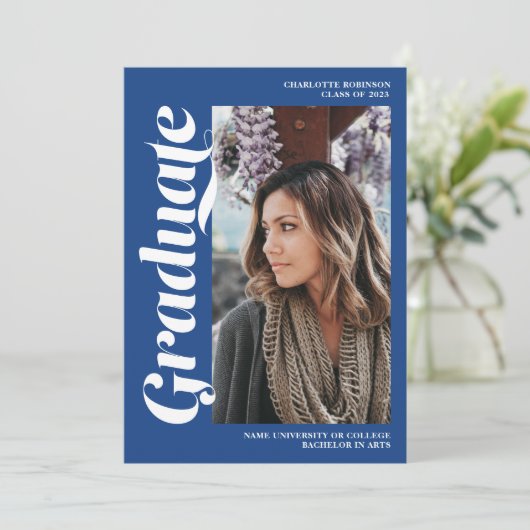Blauw afstuderen script 3 foto afstuderen kaart (Staand voorkant)