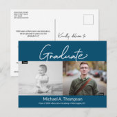 Blauw Afstuderen Toen en Nu Afstuderen Foto's Aankondigingskaart (Voorkant / Achterkant)