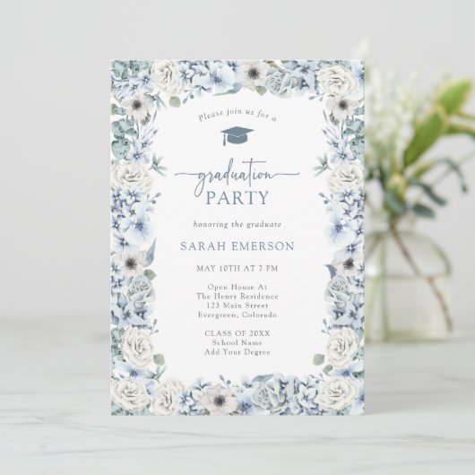 Blauw Afstuderen van Floral Kaart (Staand voorkant)