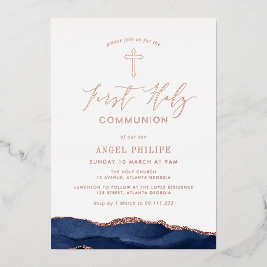 blauw agaaanschrift eerste mededeling folie uitnodiging (Voorkant)