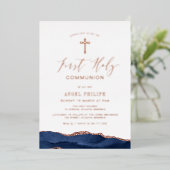 blauw agaaanschrift eerste mededeling folie uitnodiging (Staand Voorkant)