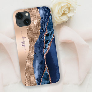 Blauw Agaat Marmer & Roos Goud Glitter Modern Case-Mate iPhone Case