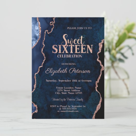 Blauw Agaat Marmer Roos Goud Zoet 16 Kaart (Staand voorkant)