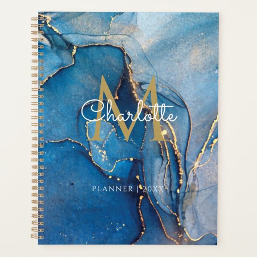 Blauw Agate Geode Gouden Monogram Script 2023 Planner (Voorkant)