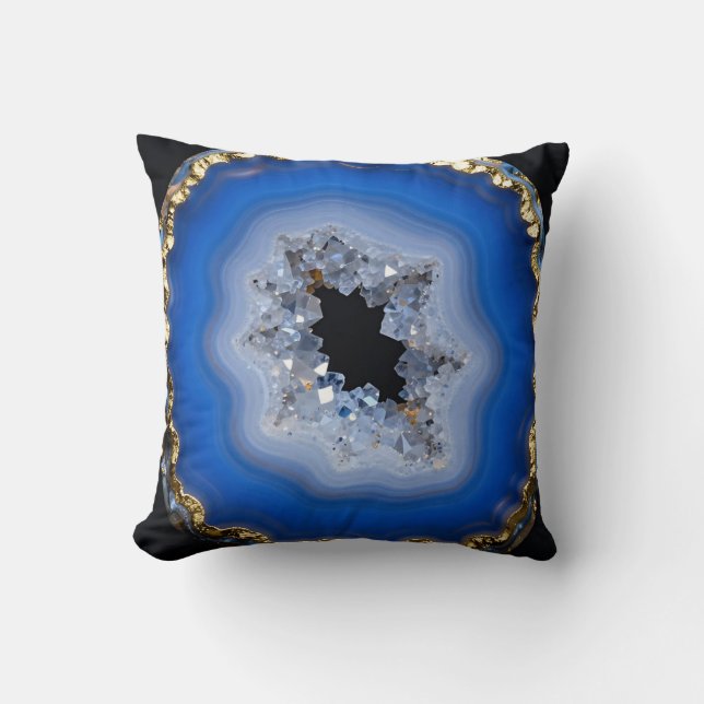 Blauw Agate Geode Gouden Rand Kristal Kunst Kussen (Voorkant)