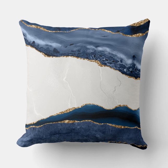 Blauw Agate op marmer met goud Kussen (Voorkant)