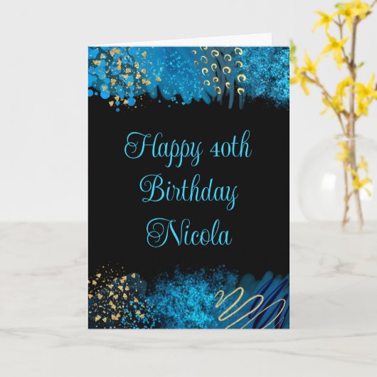 Blauw Alcohol Inkt Verjaardag  Kaart (Gele Bloem)