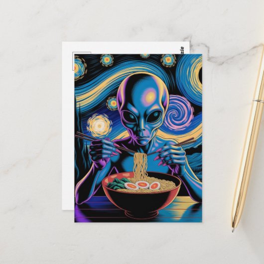 Blauw Alien Die Ramen Eet Briefkaart (Voorkant / Achterkant in situ)