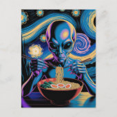 Blauw Alien Die Ramen Eet Briefkaart (Voorkant)