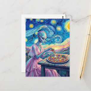 Blauw Alien in Roze Jurk Eet Pizza Nep Van Gogh Briefkaart