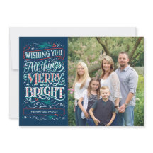 Blauw 'All Things Merry & Bright' Kerst Fotokaart