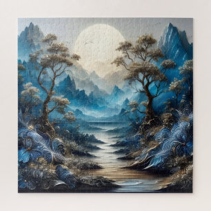 Blauw alpien landschap met wilde bloemen Bergen Legpuzzel