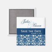 Blauw amd Wit Damask Bewaar de datum Bruiloft V397 Magneet (Voorkant / Achterkant)