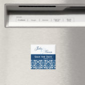 Blauw amd Wit Damask Bewaar de datum Bruiloft V397 Magneet (Insitu (Vaatwasser))