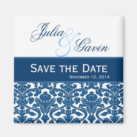 Blauw amd Wit Damask Bewaar de datum Bruiloft V397 Magneet (Voorkant)