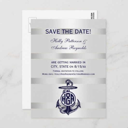 Blauw Anchor Silver White Navy Circle Monogram 33 Aankondigingskaart (Voorkant / Achterkant)