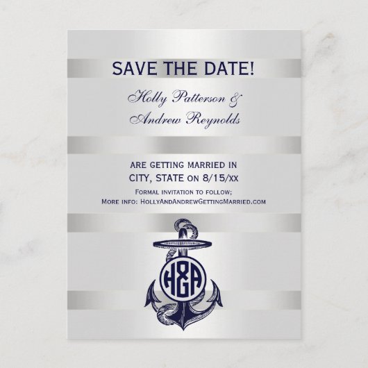 Blauw Anchor Silver White Navy Circle Monogram 33 Aankondigingskaart (Voorkant)
