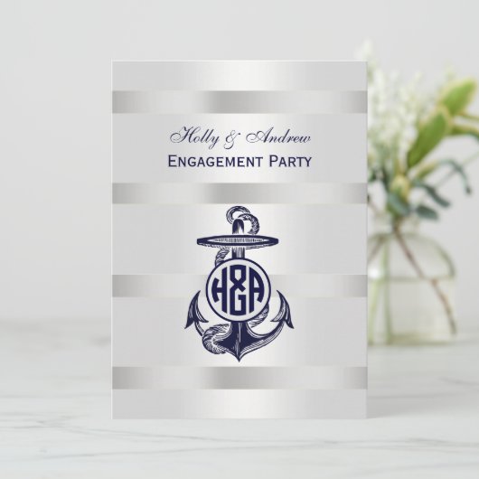 Blauw Anchor Silver White Navy Circle Monogram 33 Kaart (Staand voorkant)