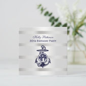 Blauw Anchor Silver White Navy Circle Monogram 33 Kaart (Staand voorkant)