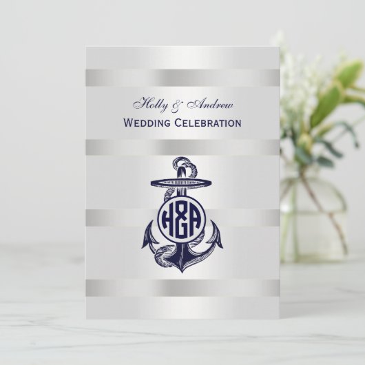 Blauw Anchor Silver White Navy Circle Monogram 33 Kaart (Staand voorkant)