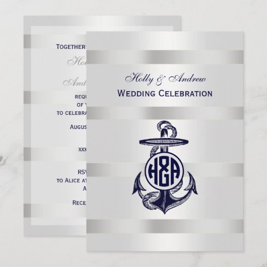 Blauw Anchor Silver White Navy Circle Monogram 33 Kaart (Voorkant / Achterkant)