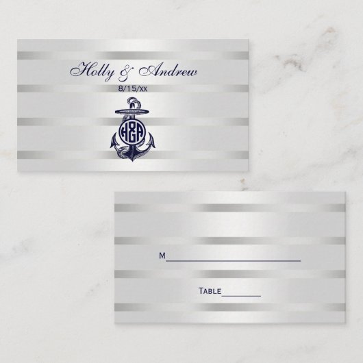 Blauw Anchor Silver White Navy Circle Monogram 33 Plaatskaartje (Voorkant / Achterkant)