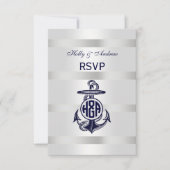 Blauw Anchor Silver White Navy Circle Monogram 33 RSVP Kaartje (Voorkant)