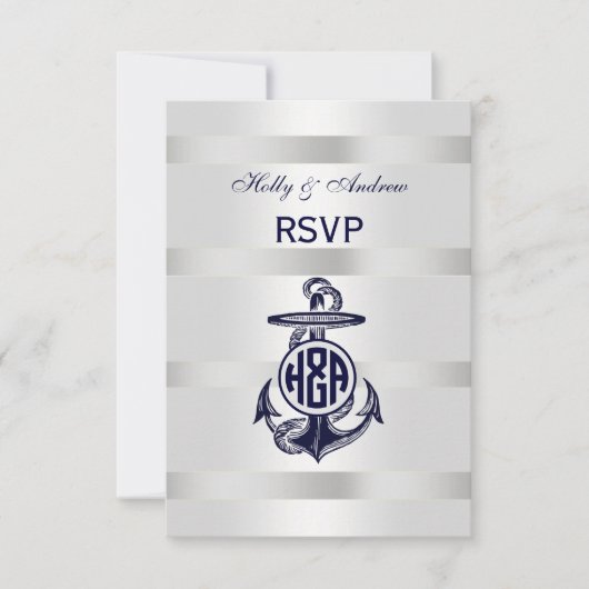 Blauw Anchor Silver White Navy Circle Monogram 33 RSVP Kaartje (Voorkant)