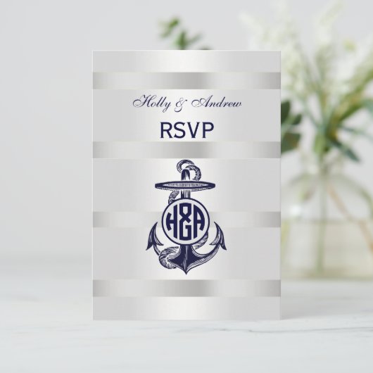 Blauw Anchor Silver White Navy Circle Monogram 33 RSVP Kaartje (Staand voorkant)