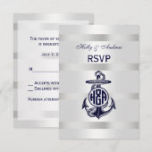 Blauw Anchor Silver White Navy Circle Monogram 33 RSVP Kaartje (Voorkant / Achterkant)