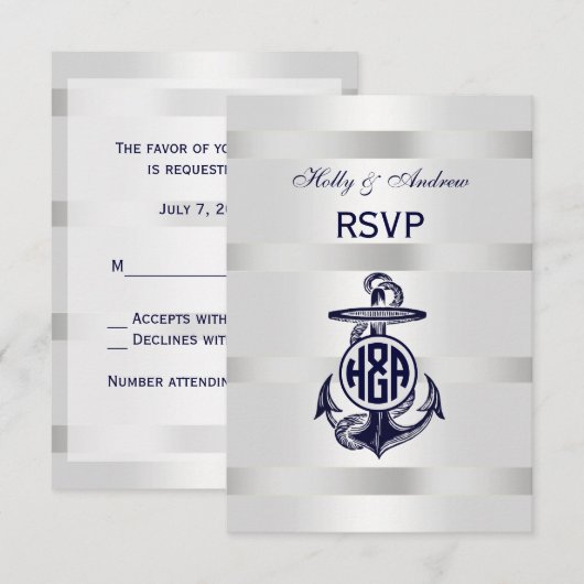 Blauw Anchor Silver White Navy Circle Monogram 33 RSVP Kaartje (Voorkant / Achterkant)