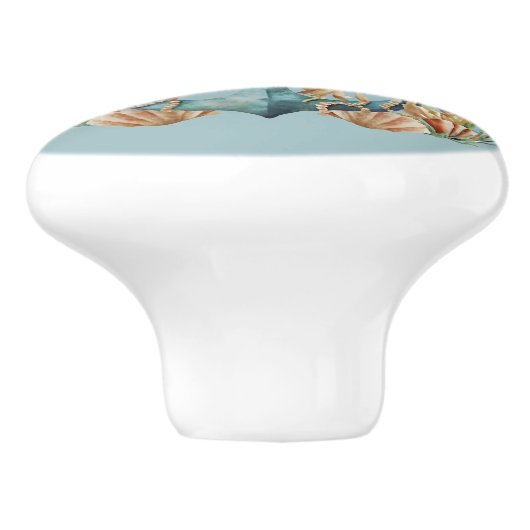 Blauw anker en schelpen op Turnquoise Keramische Knop (Zijkant)