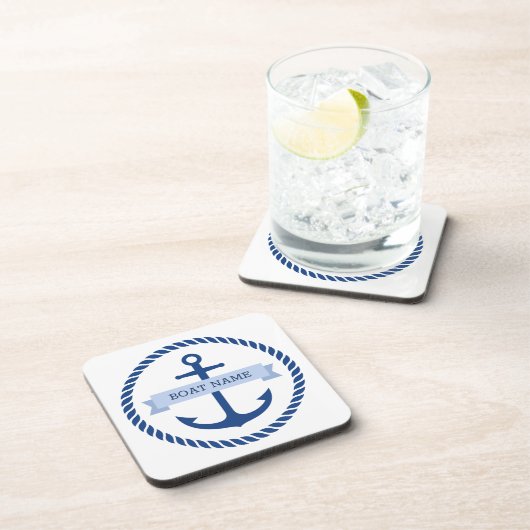 Blauw anker- en touwgrensbootnaam op banner bier onderzetter (Rechterzijde)