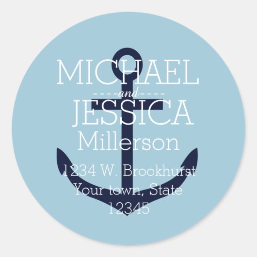 Blauw Anker Gepersonaliseerd adres Ronde Sticker (Voorkant)