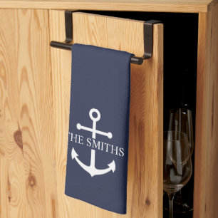 Blauw Anker Gepersonaliseerde Familienaam Nautisch Theedoek