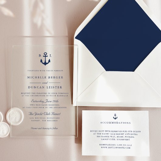 Blauw Anker Klassieke Nautische MONOGRAM Bruiloft Acryl Uitnodigingen