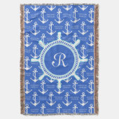 Blauw anker kustmonogram deken (Voorkant Verticaal)