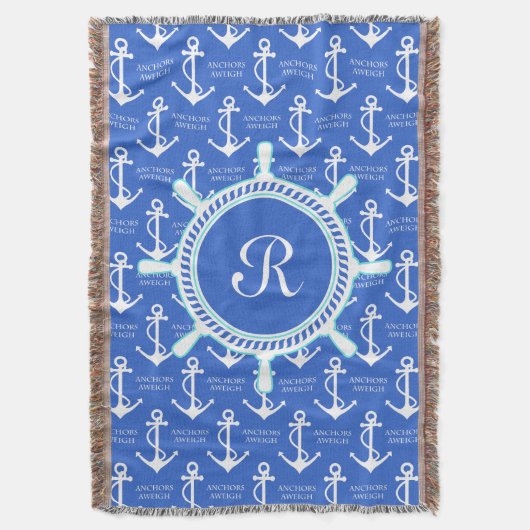 Blauw anker kustmonogram deken (Voorkant Verticaal)
