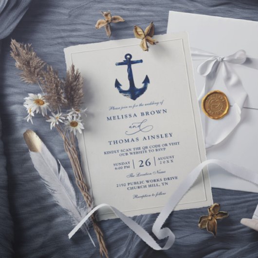 Blauw anker maritiem modern chic QR-code bruiloft Kaart
