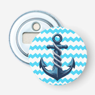 Blauw anker met blauwe golven button flesopener