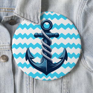 Blauw anker met blauwe golven ronde button 6,0 cm