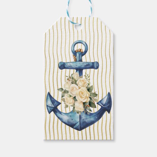Blauw Anker met Cream Rozen Cadeau Label Cadeaulabel (Voorkant)