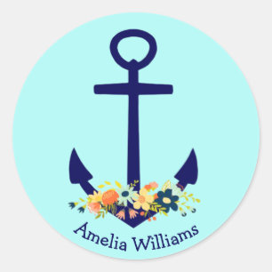 blauw anker met floral bouquet ronde sticker