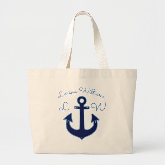 blauw anker met naam & initialen nautisch grote tote bag (Voorkant)