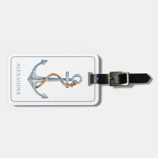 blauw anker met touw gepersonaliseerd bagagelabel (Voorkant horizontaal)