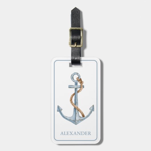  blauw anker met touw gepersonaliseerd bagagelabel (Voorkant verticaal)