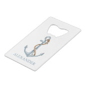  blauw anker met touw gepersonaliseerd creditkaart flessenopener (Voorkant Gekanteld)