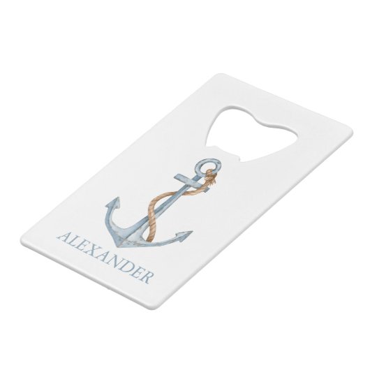  blauw anker met touw gepersonaliseerd creditkaart flessenopener (Voorkant Gekanteld)