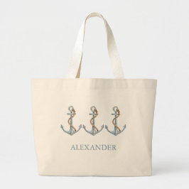 blauw anker met touw gepersonaliseerd grote tote bag