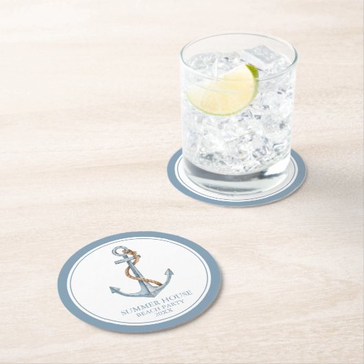 blauw anker met touw gepersonaliseerd ronde kartonnen onderzetter (Insitu)